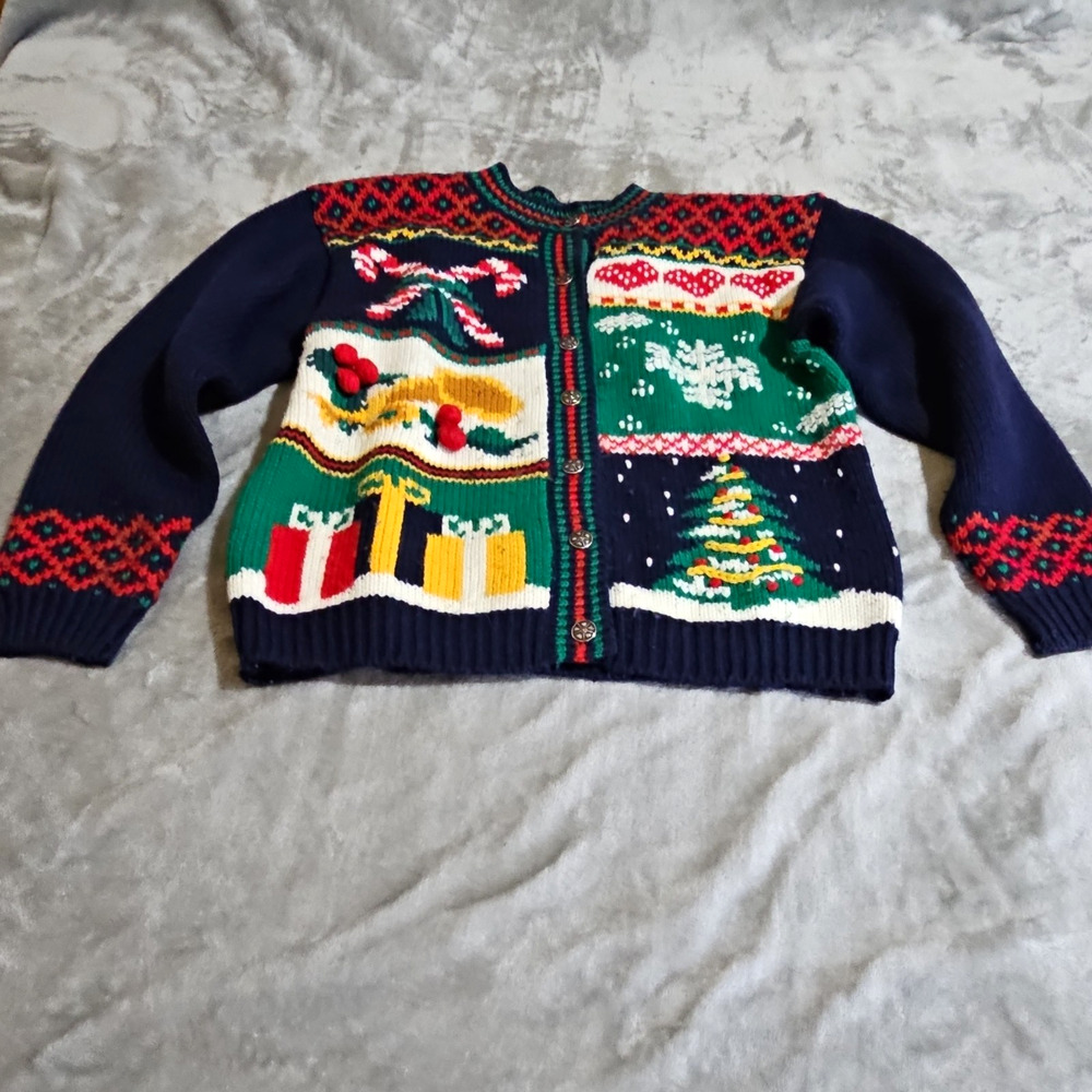 Karen Scott Christmas Fair Isle Button-Front Knit Cardigan Sweater M Navy